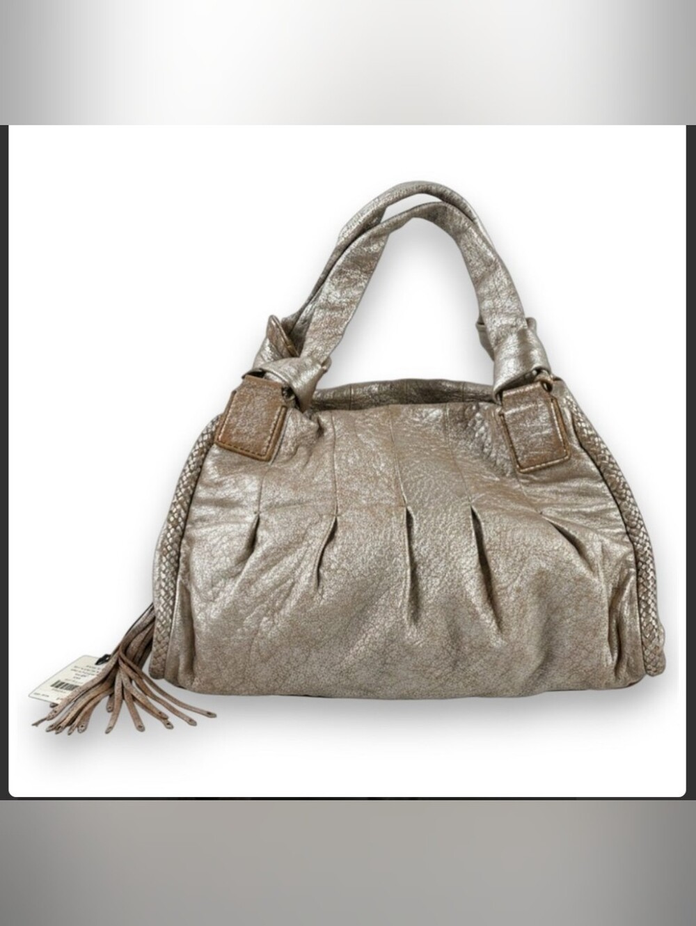 Cole Haan Metallic Taupe Braided-Trim Hobo Shoulder Bag